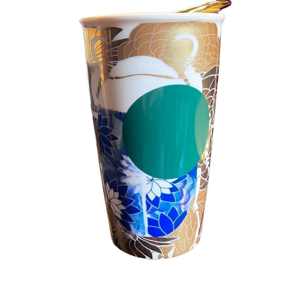 Starbucks 2015 Green Dot Collection Scarab Beetle Gold Ceramic 12oz Tumbler